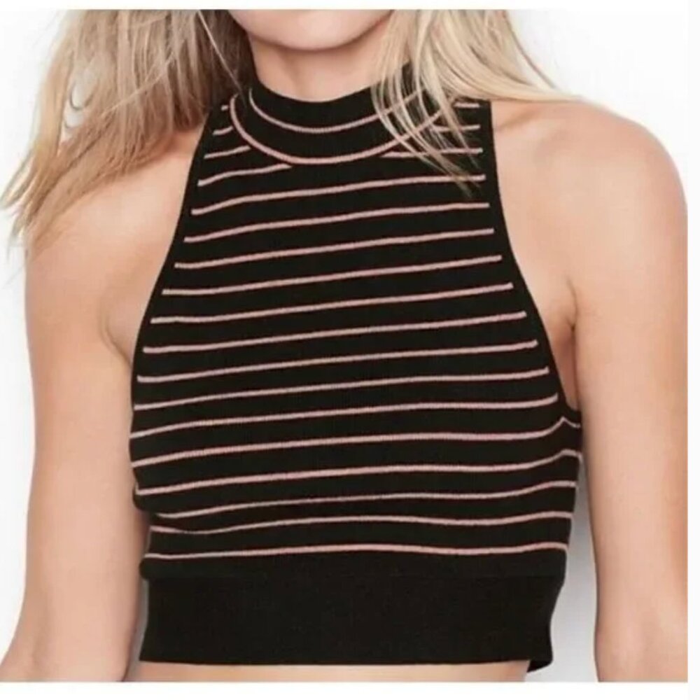 Victoria’s Secret High Neck Hook & Eye Striped Ribbed Knit Crop Top: Small